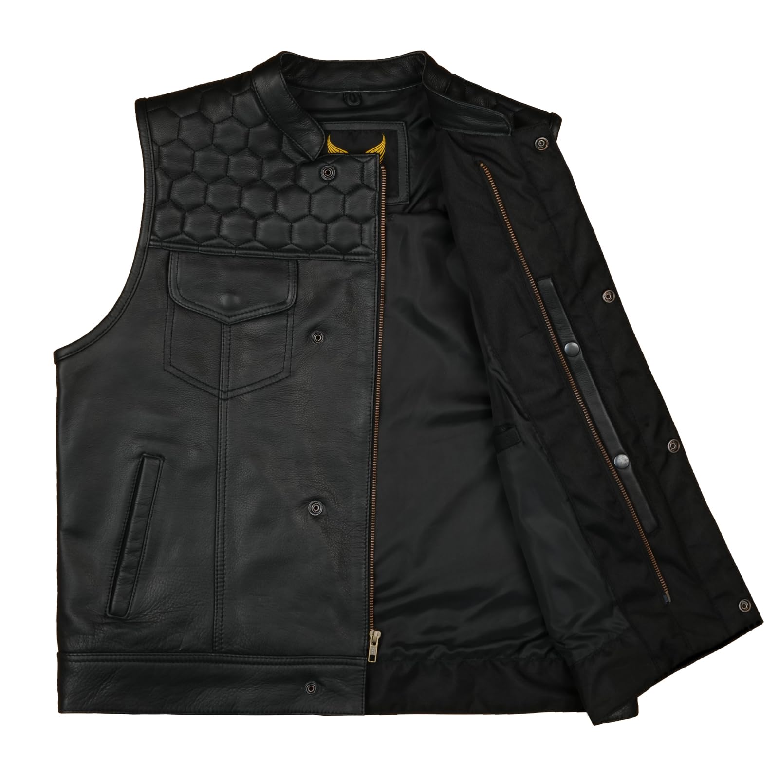Leatherick Honeycomb SOA Style Motorradweste aus echtem Leder für Herren – Schwarz Verdeckte Bikerweste mit weichem Polyesterfutter