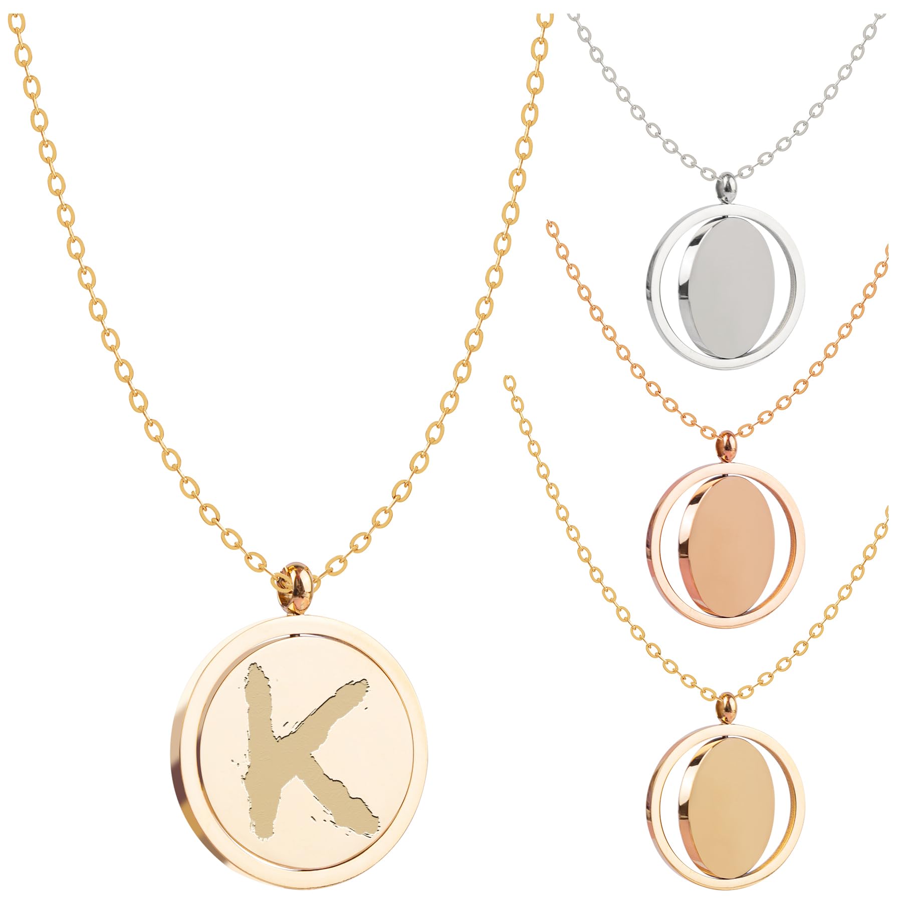 Framendino, Laser Engraving Blanks Necklace Stainless Steel Round Pendant Double Sided Rotatable Stamping Necklaces