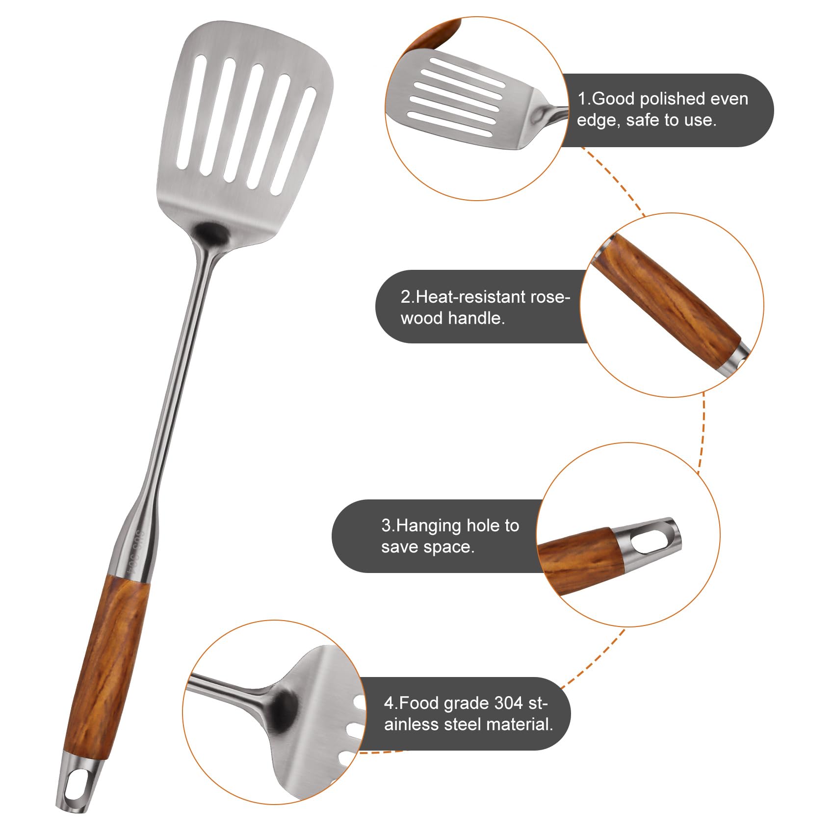 Küchenutensilien-Set aus 304 Edelstahl mit Holzgriff, 12-teiliges hitzebeständiges Metall-Kochutensilien-Set, Pfannenwender, Schöpflöffel, Skimmer, Spaghetti-Löffel, Zange, Kartoffelstampfer