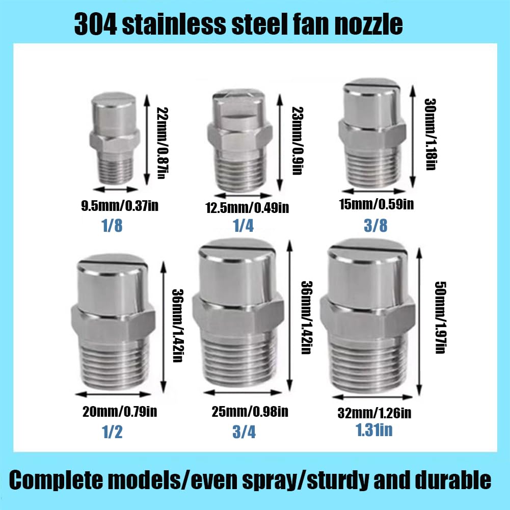 Buse de nettoyeur haute pression à ventilateur plat 6 pièces 1/8, 1/4, 3/8, 1/2 filetage externe Buse en acier inoxydable 304 25°/40°/50°/65°/80°/95°/110° Alésage de 0,03 à 0,1 1/4 1.8mm(0.071in) 25°