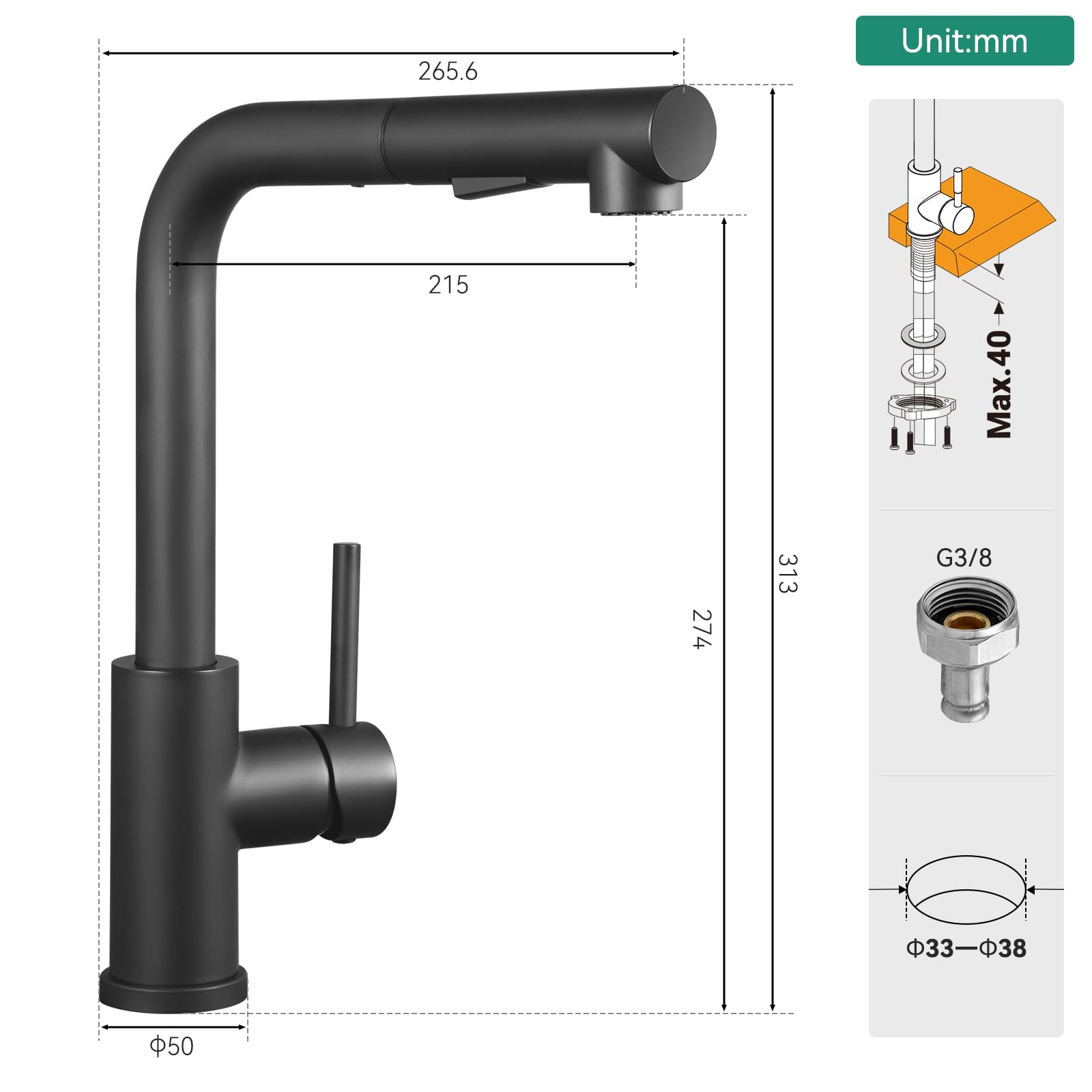 Waschbecken Küche Schwarz 70x46 cm Set, Armatur für 80 cm Unterschrank | Abtropfkorb, Quarzkomposit, 12 mm Bodendicke zur Geräuschreduzierung, Geruchsverschluss, Ausschnittsmaß 68 x 44 cm