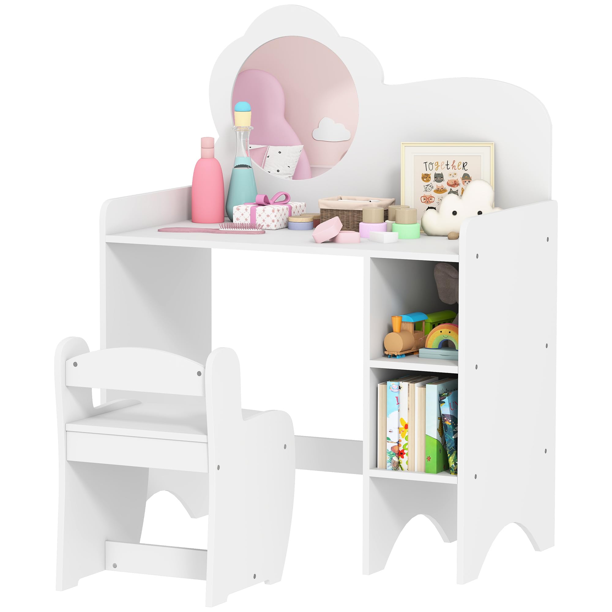 AIYAPLAY Tocador de Maquillaje Niña, 2 en 1, Escritorio, Tocador Infantil con Taburete, Espejo en Forma de Flor, Estantes Abiertos, para Niños +3 Años, Blanco