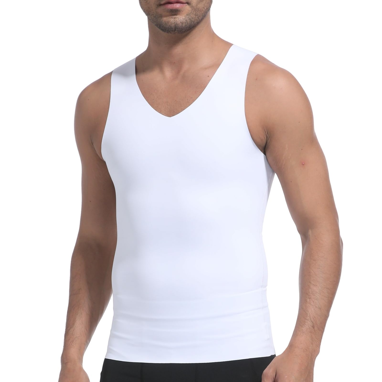 PEONNYT V Neck Seamless Compression Vest Mens Shapewear Body Shaper Slim Vest Belly Slimmer for Men(White XL)