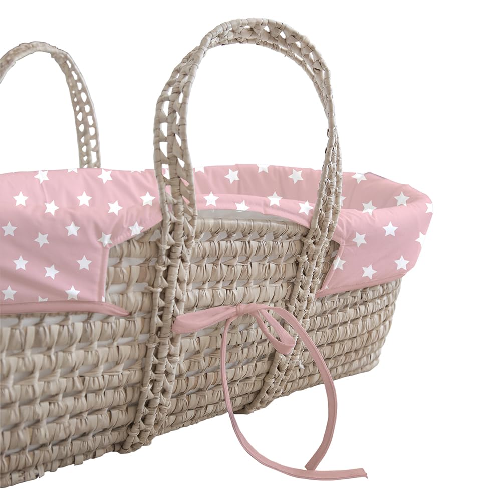 Tanuki Moisés de Mimbre Natural para Bebé con Base de Madera - Hecho a Mano - Colchón Incluido - Estilo nórdico Cloe B Rosa