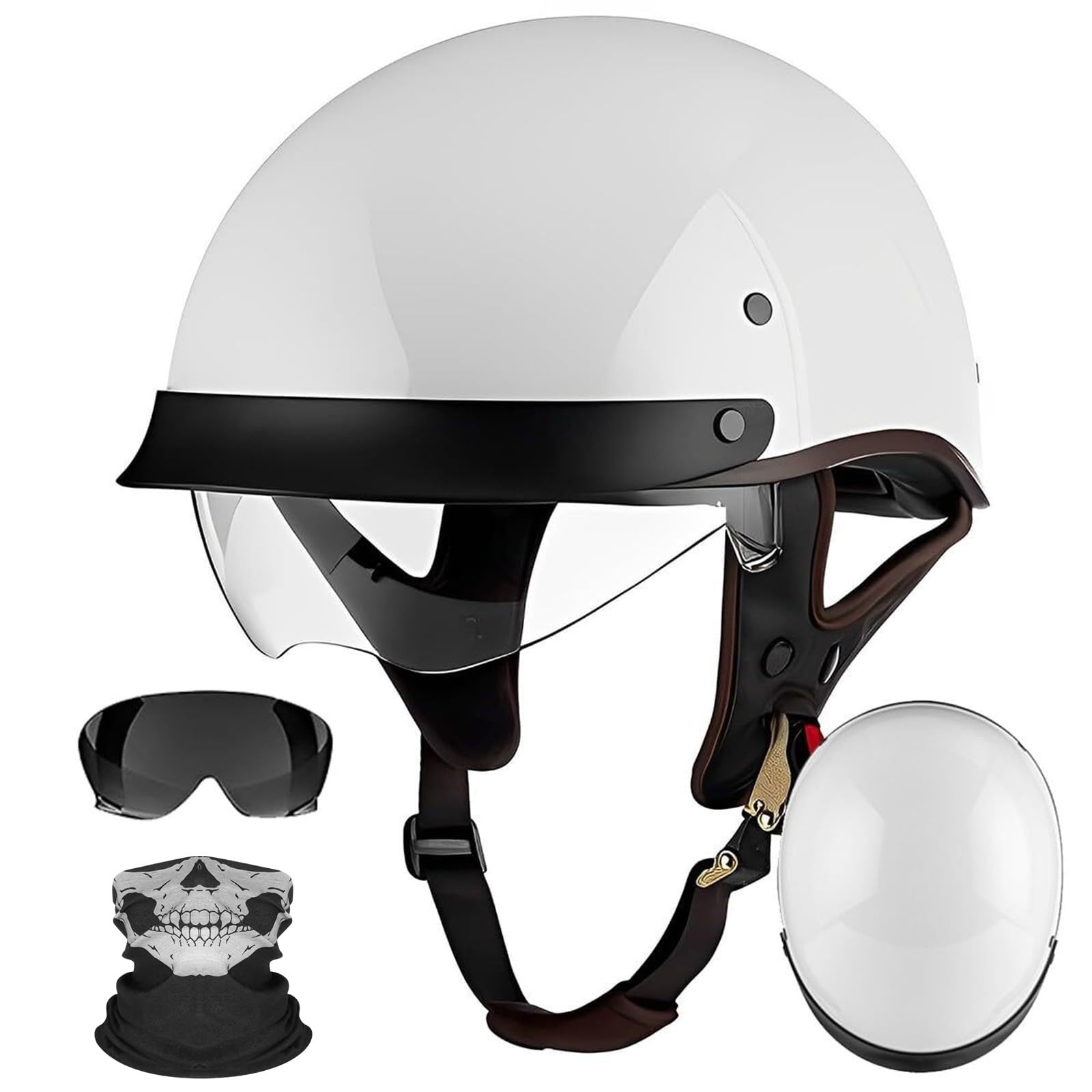Kask Motocyklowy Orzeszek Chopper Classic, Retro Rockabilly Style ECE R22.06 z Blendą Słoneczną, Gogle i Maska w Zestawie(C,XL(61~62cm))
