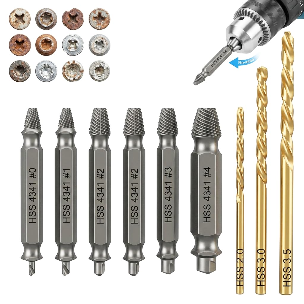 SureFly Damaged Screw Extractor Set, HSS Stripped Screw Remover Tool Kit with Holder, Multi-Size Bolt Extractor for Broken, Rusted, or Stuck Screws, Ideal for DIY and Home Repairs