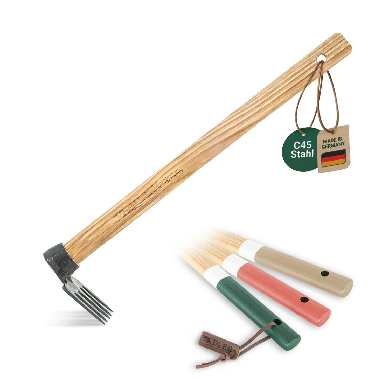 ADLER Mary Handrechen Gartenrechen Eschenstiel Hochbeet Grün 45 cm | Geschmiedeter C45-Kopf mit fünf Zähnen zum Harken und Auflockern Made in Germany