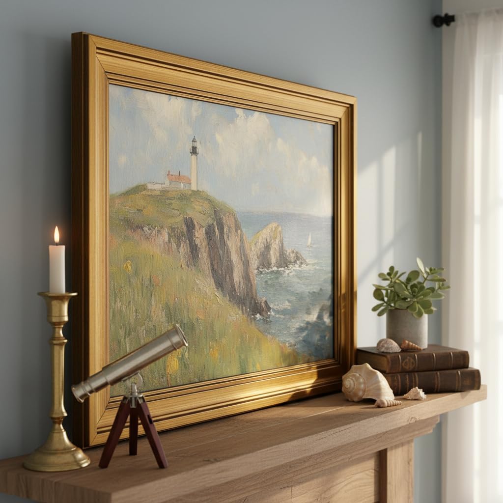 Vintage Gold Framed Canvas Wall Art, Island Lighthouse Poster Artwork, Nature Ocean Landscape Print Picture, Seascape Painting Wall Decor, for Living Room, Bedroom, Home Decoration, 12x16in