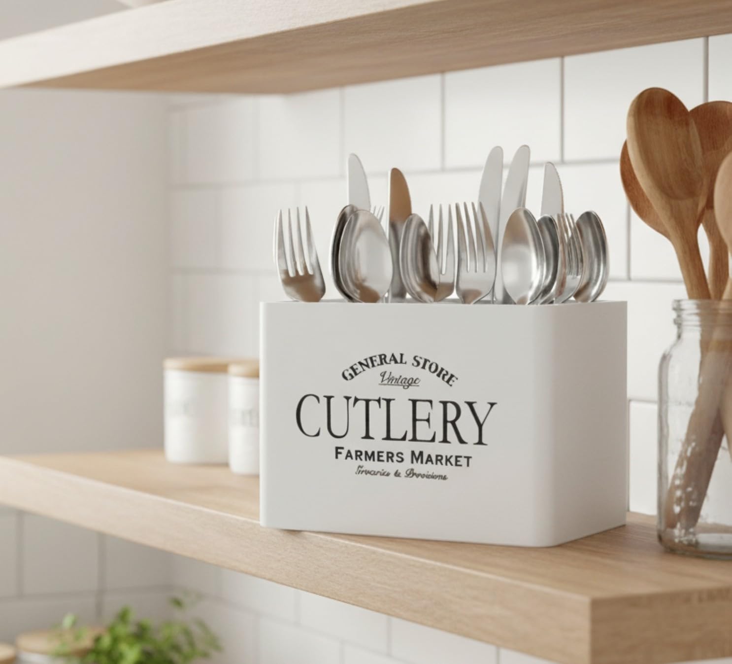 Maison Des Cadeaux 4 Compartment Wooden Cutlery Utensil Holder Dishware Organiser Caddy