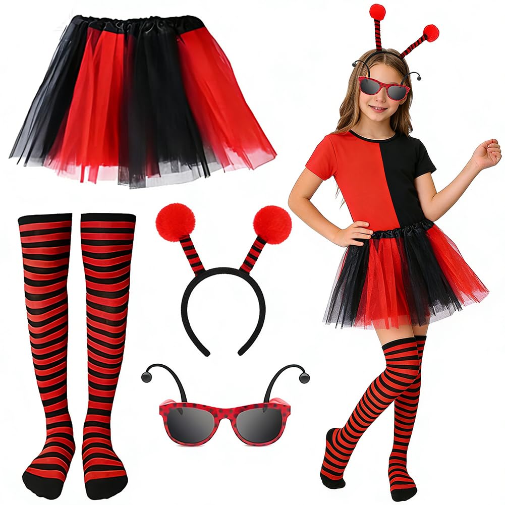 HTGWCG 4 Pcs Lady Bug Costume Set, Ladybird Tutu Outfit Set, Adults' Dress with Headband, Leg Sleeves Sunglasses and Tutu Skirt for Party, Cosplay
