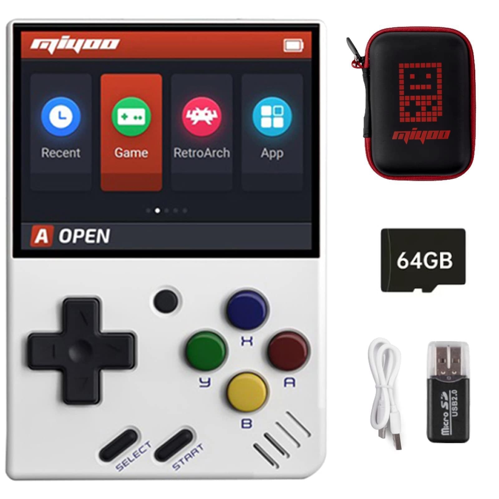 Miyoo Mini V4 Handheld Video Game Console, 2.8 inch IPS Screen Retro Video with 64GB Card & 6000+ Games, Built in Open Source System Portable Retro Game Console (White, 64G)