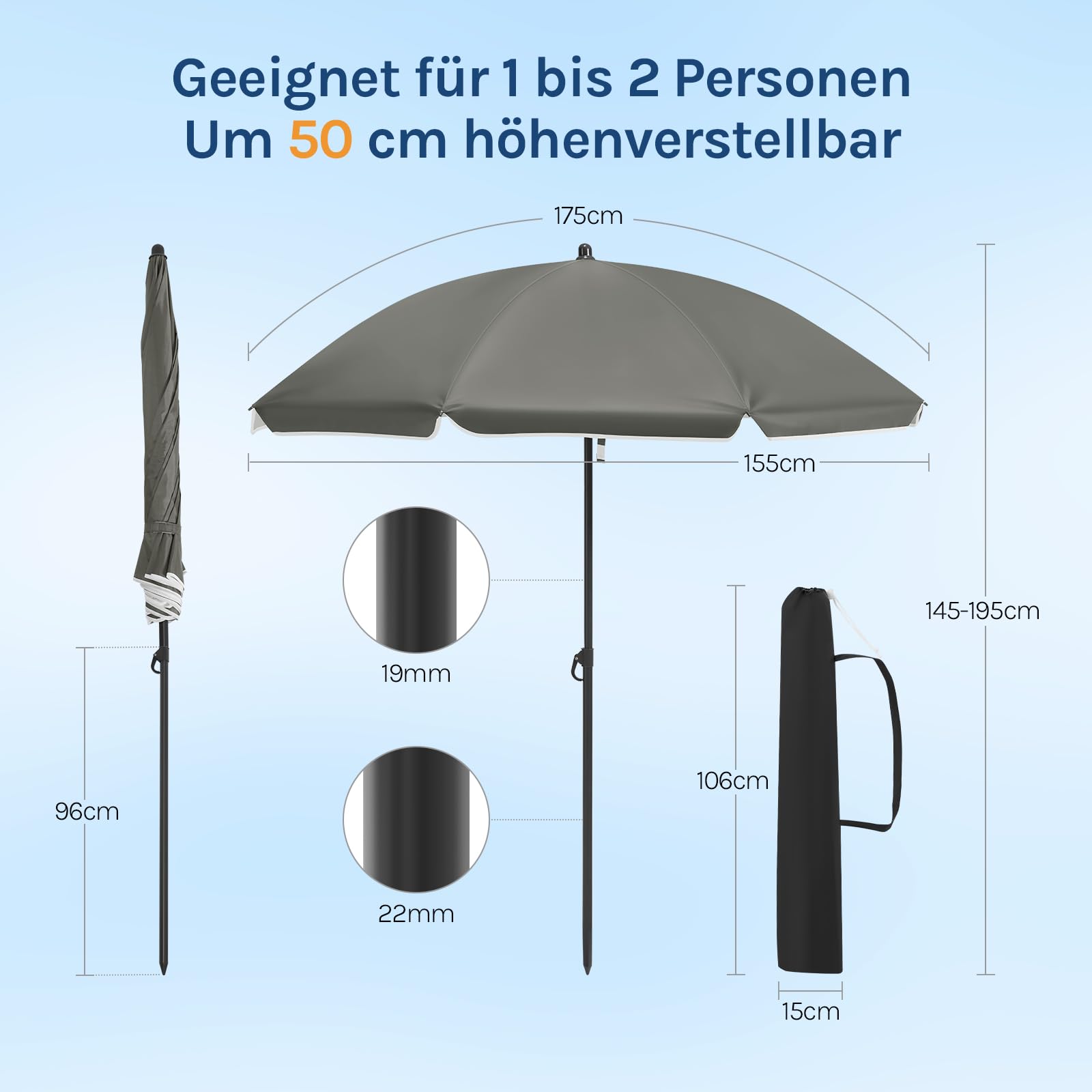 WOLTU Parasol de Jardin Ø135/155/175cm Inclinable, en Tissu Imperméable Anti-UV à UPF 50+, Hauteur Réglable pour Balcon, Terrasse, Patio, Piscine, Plage - Beige/Gris Foncé