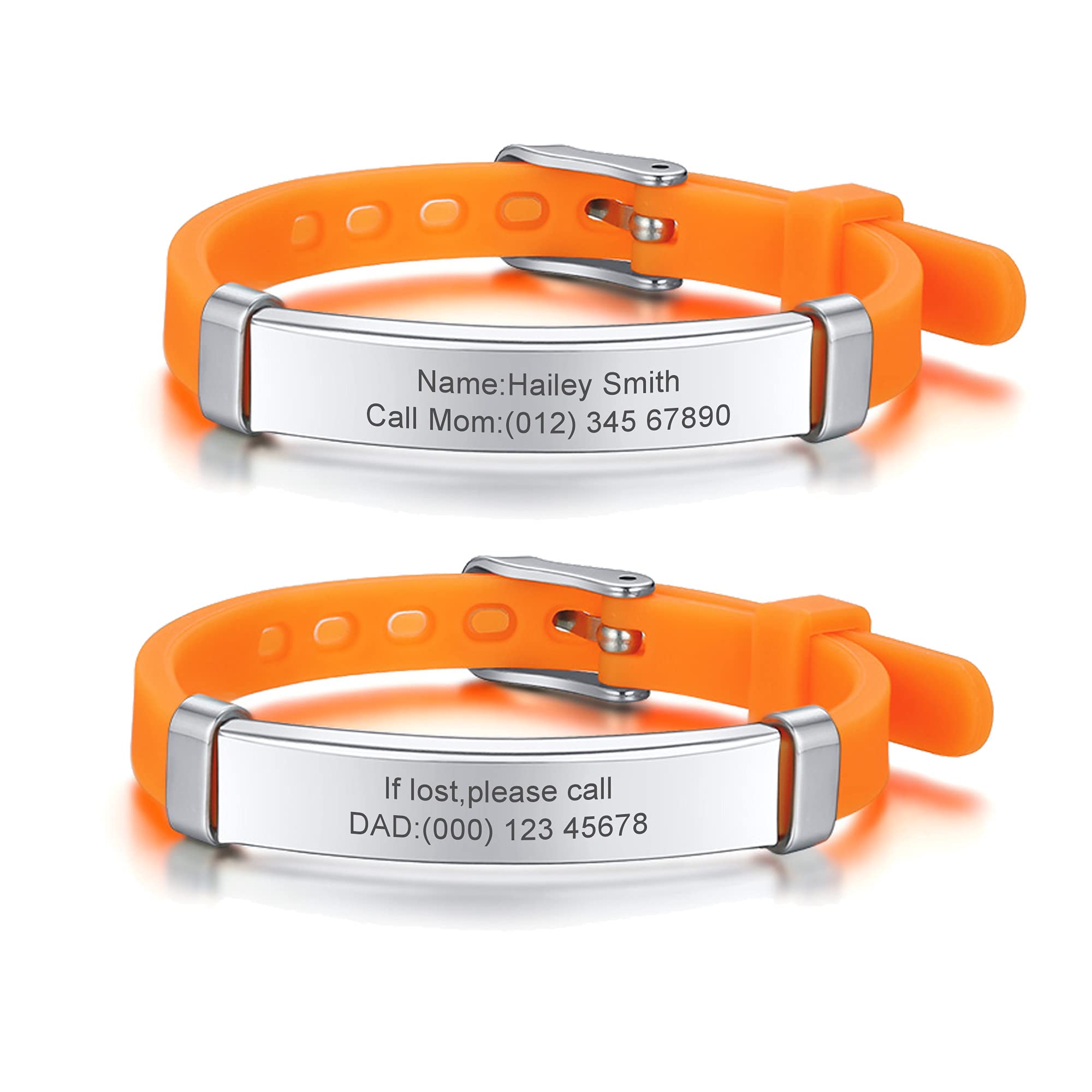 PJ JEWELLERY Pack of 2 Assorted Color Personalised Stainless Steel Soft Silicone Child Safety ID Bracelets Adjustable Anti-Lost ID Wristbands for Kid Girls Boys