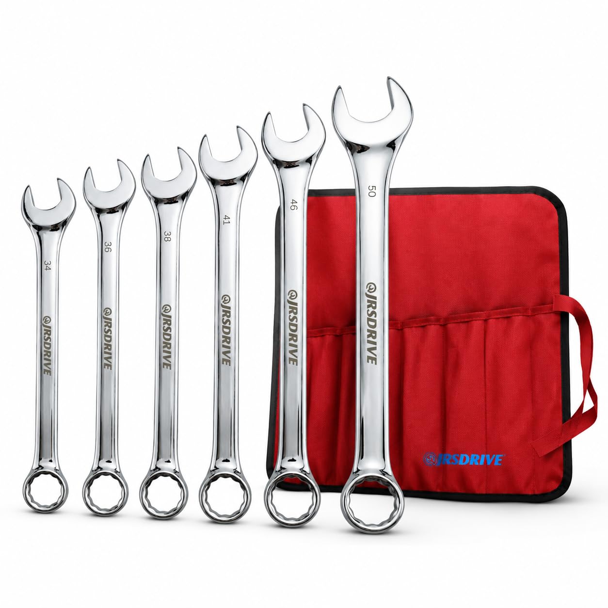 Jumbo Combination Wrench Set, 6 Piece Metric Chrome Finished Sizes 34 to 50 MM, Heavy Duty CR-V Steel Construction, Industrial Grade Spanner Kit for Automotive, Workshop & Mechanical Use