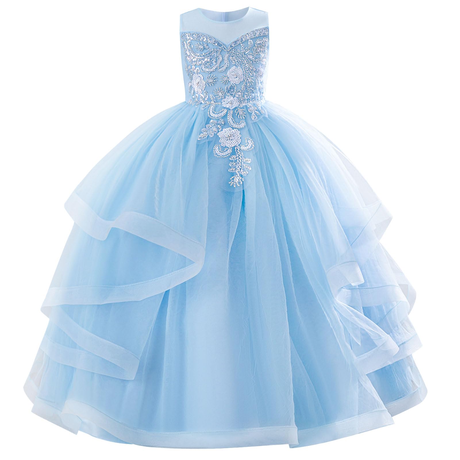 IBTOM CASTLE Robe de princesse en dentelle sans manches pour fille - Tutu en tulle - Pour concours de beauté, mariage, soirée, Bleu, 5-6 ans