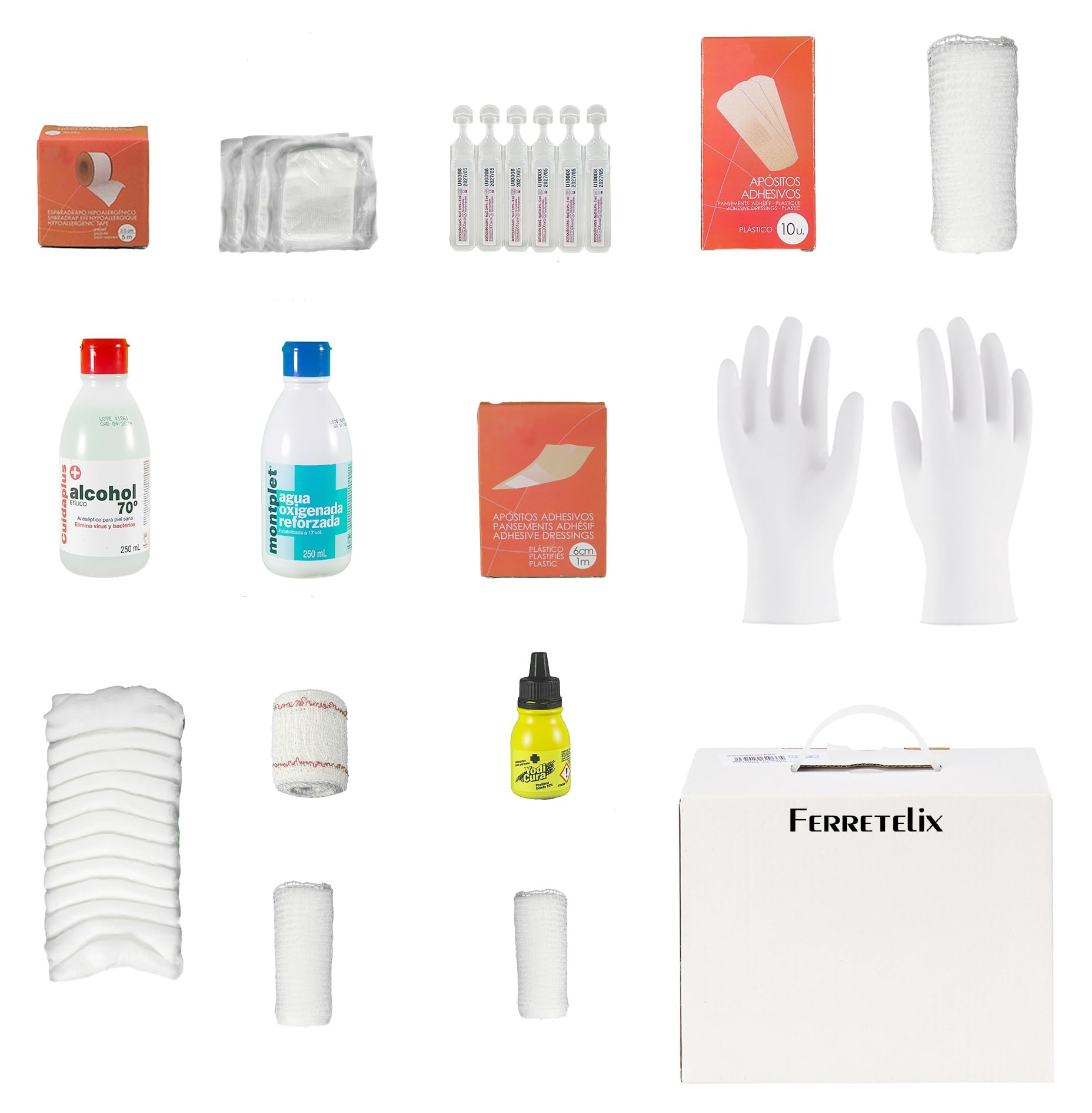 Kit reposicion Armario/maletin botiquin primeros auxilios con productos homologados cumpliendo la normativa CE Fabricado en España