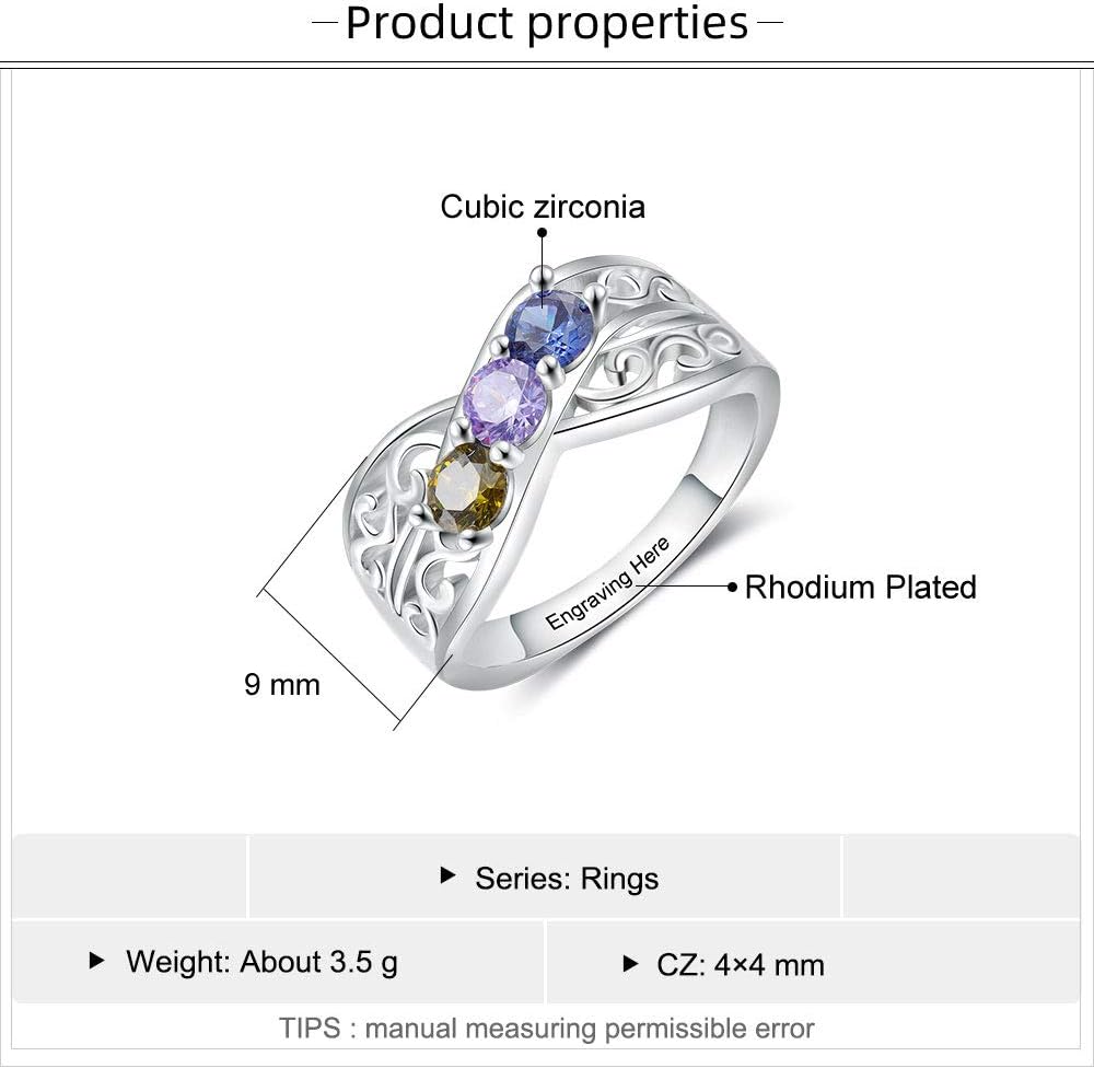 Personalized 3 Birthstone Mother Rings For Women Heart Engagement Name Rings Initial Rings with Simulated Birthstones Customized Best Friend Rings for Women
