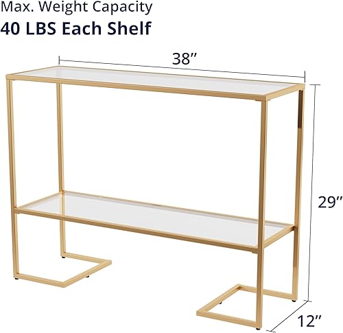 Miniatura 2 de Cozy Castle Mesa consola de 38 pulgadas, mesa de sofá estrecha de vidrio templado con marco de metal, mesa de entrada moderna con 2 estantes, mesa