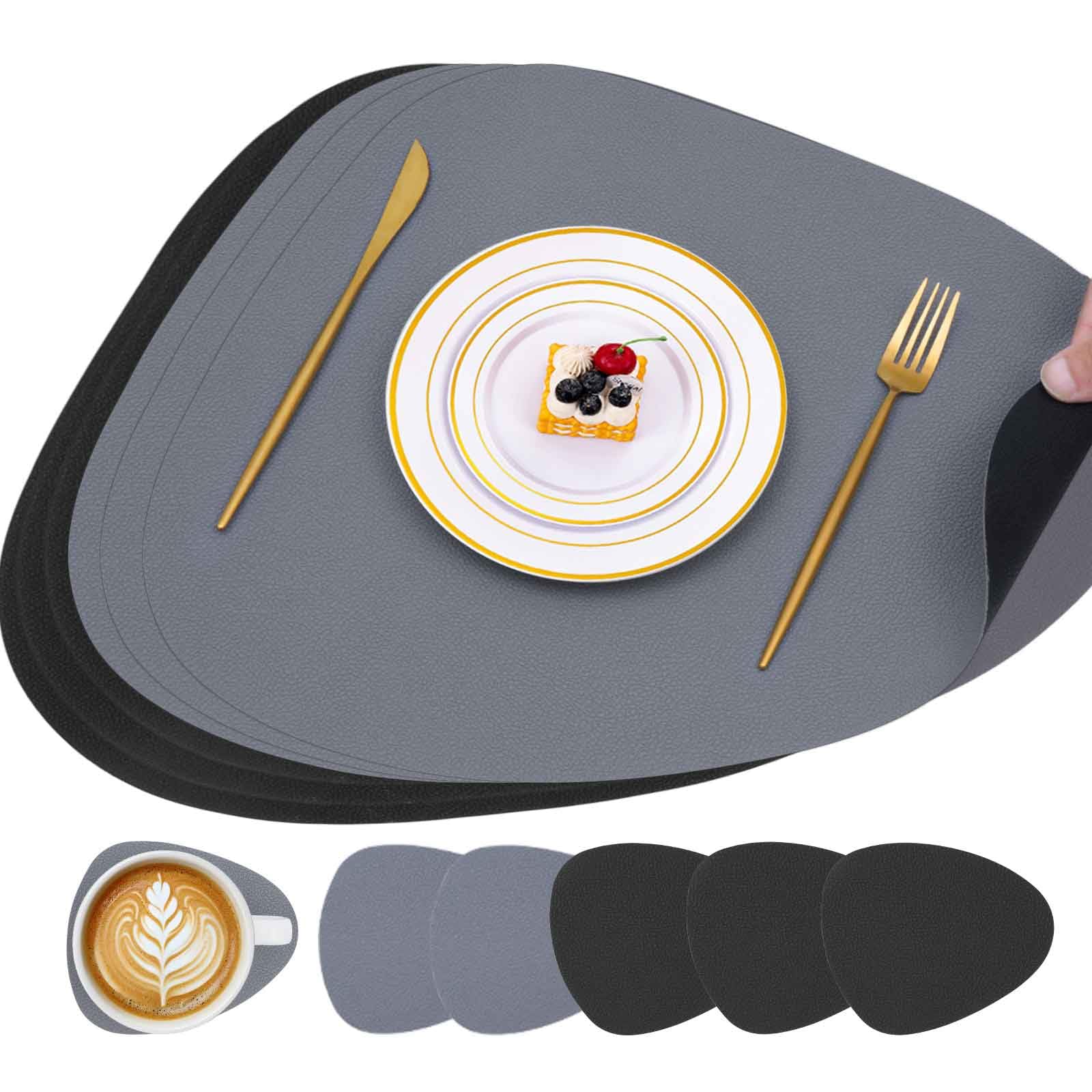 Placemats Set of 6 with Coasters, Heat-Resistant Placemat, 100% Waterproof Oilproof Wipeable Faux Leather Table Mats, PU Dual-Sided Desk Mats for Dining, Kitchen, Restaurant 33x42.5CM-Black+Gray