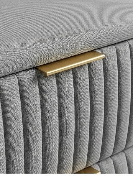 Image of Upholstered Bedside Table with 2 Channel-Tufted Drawers for Bedroom | Modern Nightstand with Gold Accents & Metal Legs | Side Table for Living Room, Home & Office | DIY Assembly | Grey