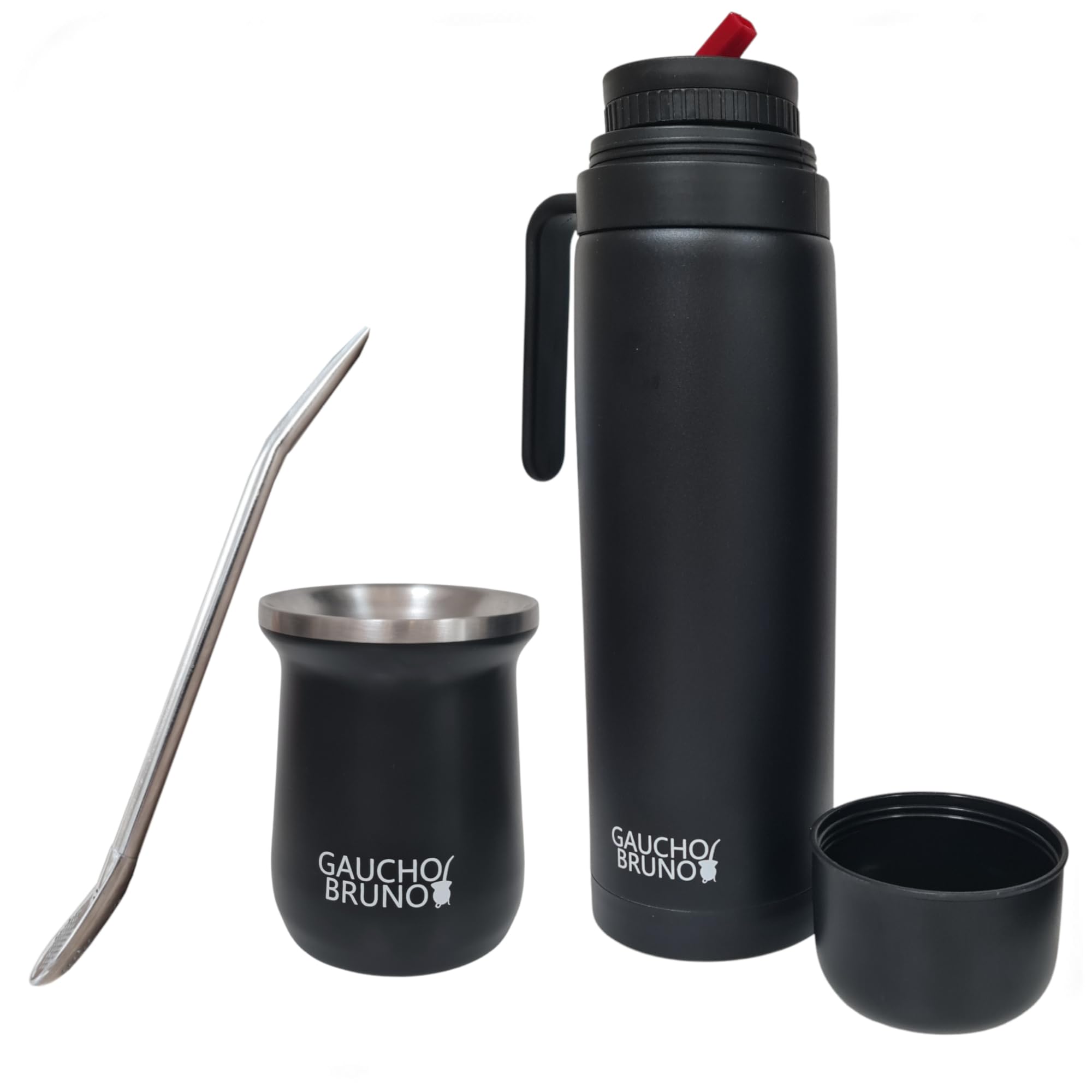 Gaucho Bruno - Kit industriale in acciaio inossidabile per bere Yerba Mate, cannuccia Bombilla e 1 litro facile da pulire | Comodo da tenere in mano | Caldo più a lungo, nero