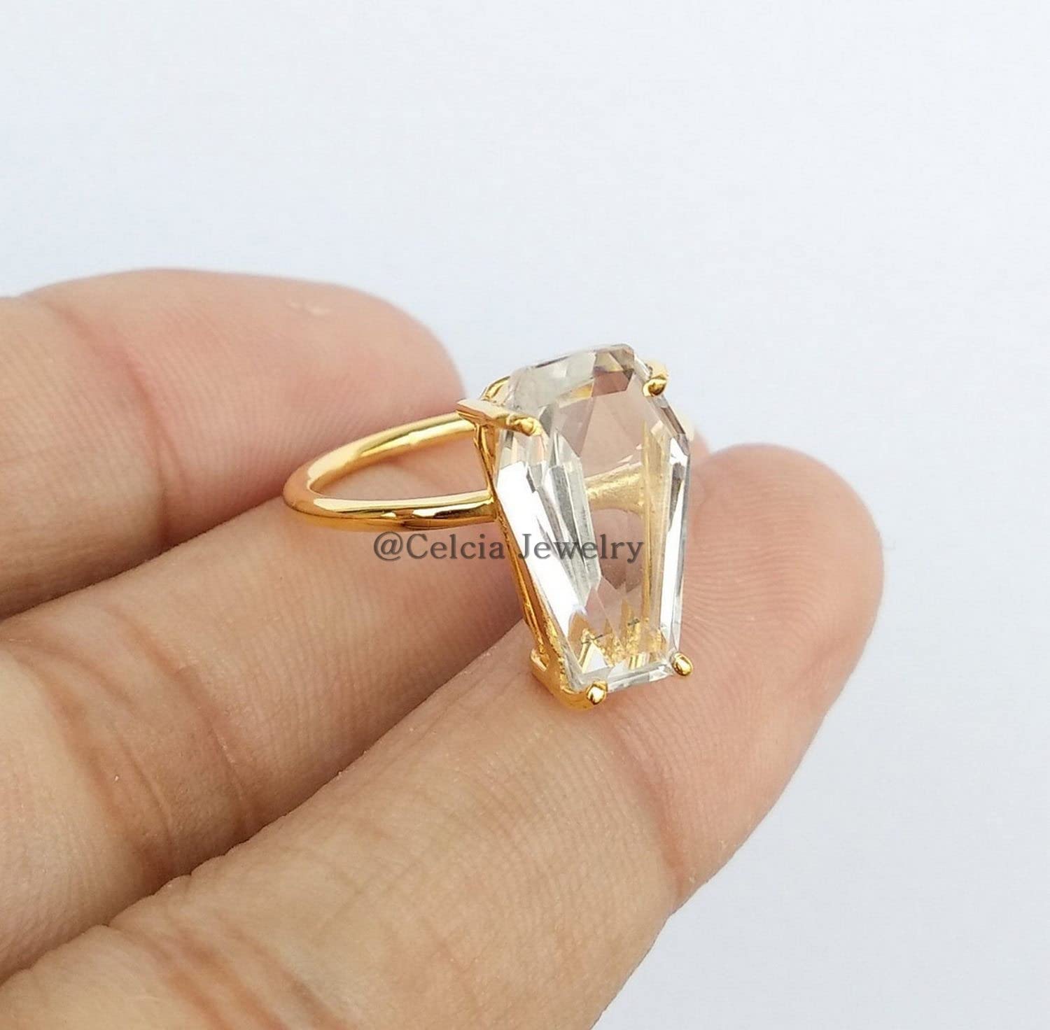 Anillo de ataúd de piedras preciosas genuinas de cuarzo de cristal, anillo de declaración, oro de 18 quilates sobre plata de ley 925, anillo de promesa, regalos de novia
