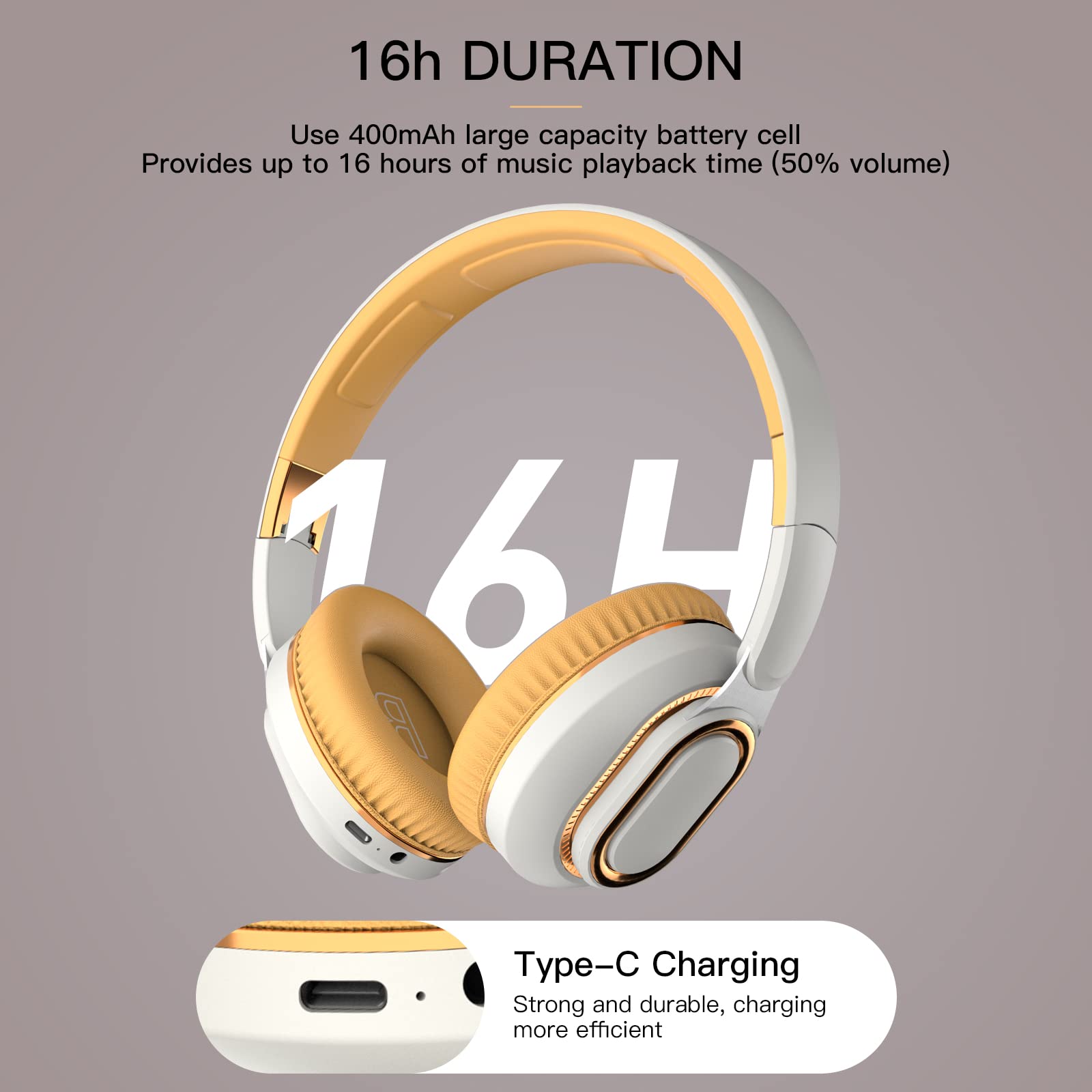 EIVOR Auriculares inalámbricos Bluetooth 5.0 Reducción de Ruido con micrófono, 16h Tiempo de Juego HiFi Auriculares estéreo, Tres Modo Auriculares Plegables para Deportes de Viaje,Blanco