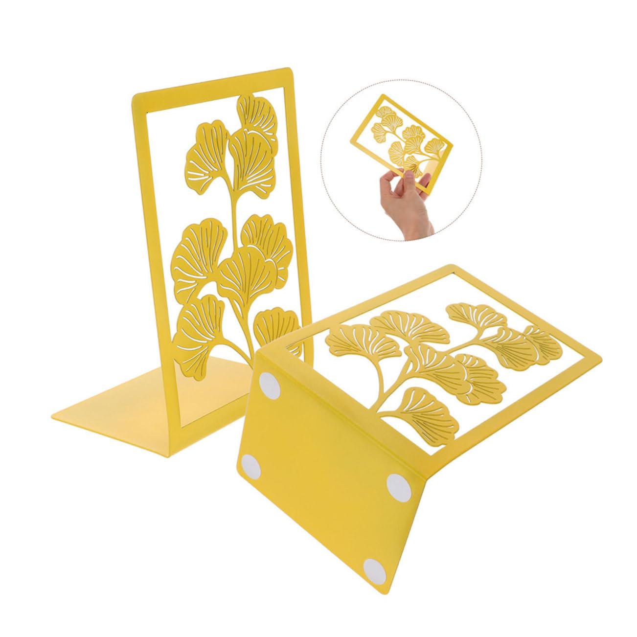 Buchstützen in Ginkgoblatt Form, 4 Stück aus Metall, Gold
