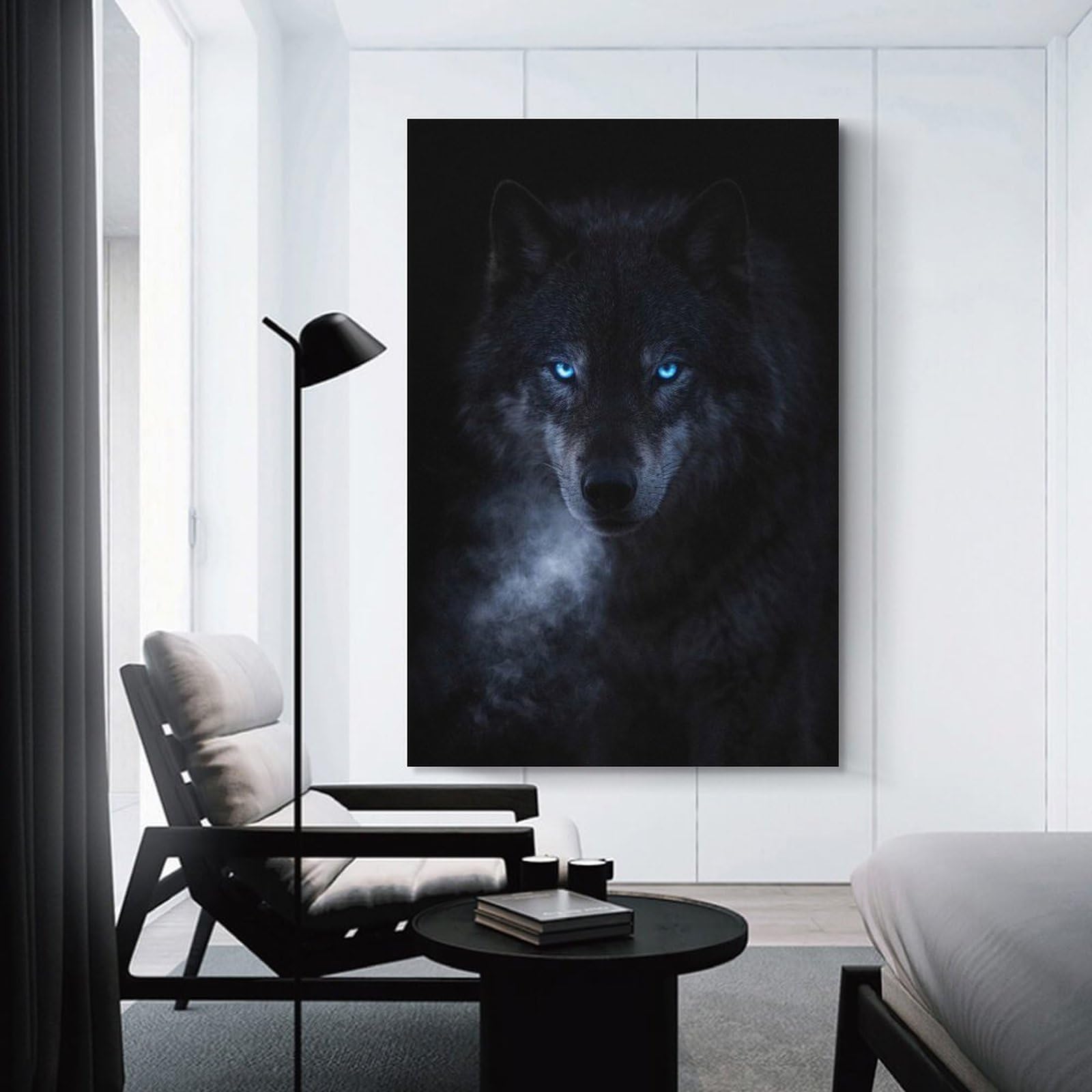 Junmoney Wolf with Glowing Blue Eyes Canvas Wall Art 12x18inch(30x45cm), for Study, Office Or Focused Interiors, Home Office Artwork with Decorative Appeal