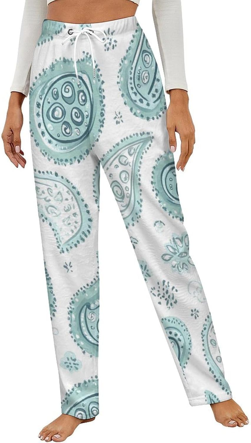 Paisley Pattern Light Blue And Green Flannel Pajama Pants Women Soft Fleece Sleep Pj Lounge Bottoms