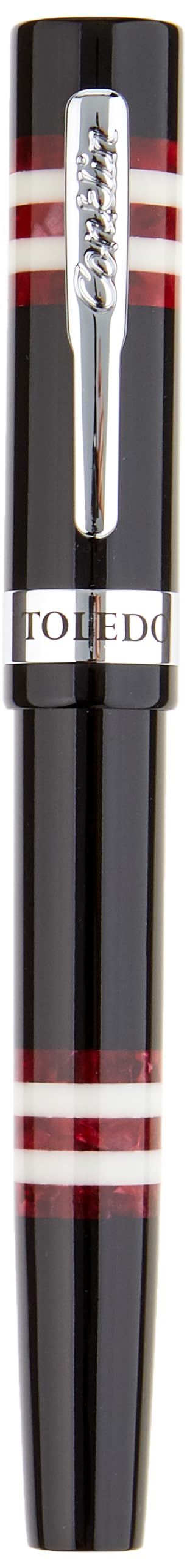 Toledo Fountain Pen in Black with Burgundy and White Ring Segments - Broad Nib - Luxury Resin Fountain Pen with Chrome Trim