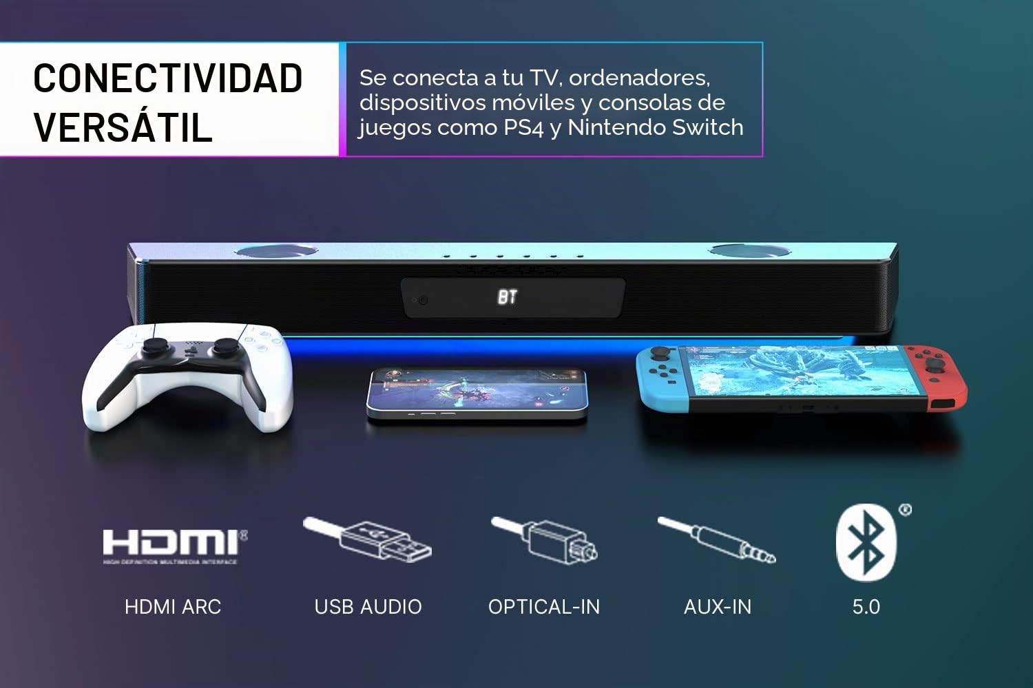Sound Blaster Katana V2X Barra de sonido multicanal para juegos 5.1 con subwoofer compacto, potencia máxima de 180 W, diseño triamplificado de 5 drivers, tecnología Super X-Fi e iluminación RGB
