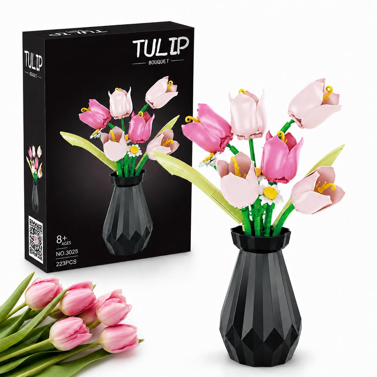 Kynoz Tulips Flowers Bouquet Building Sets with Vase - 223 PCS Pink Artificial Botanical Flowers Building Blocks Set for Adults & Kids - Table Decor for Women Mother's Day Birthday