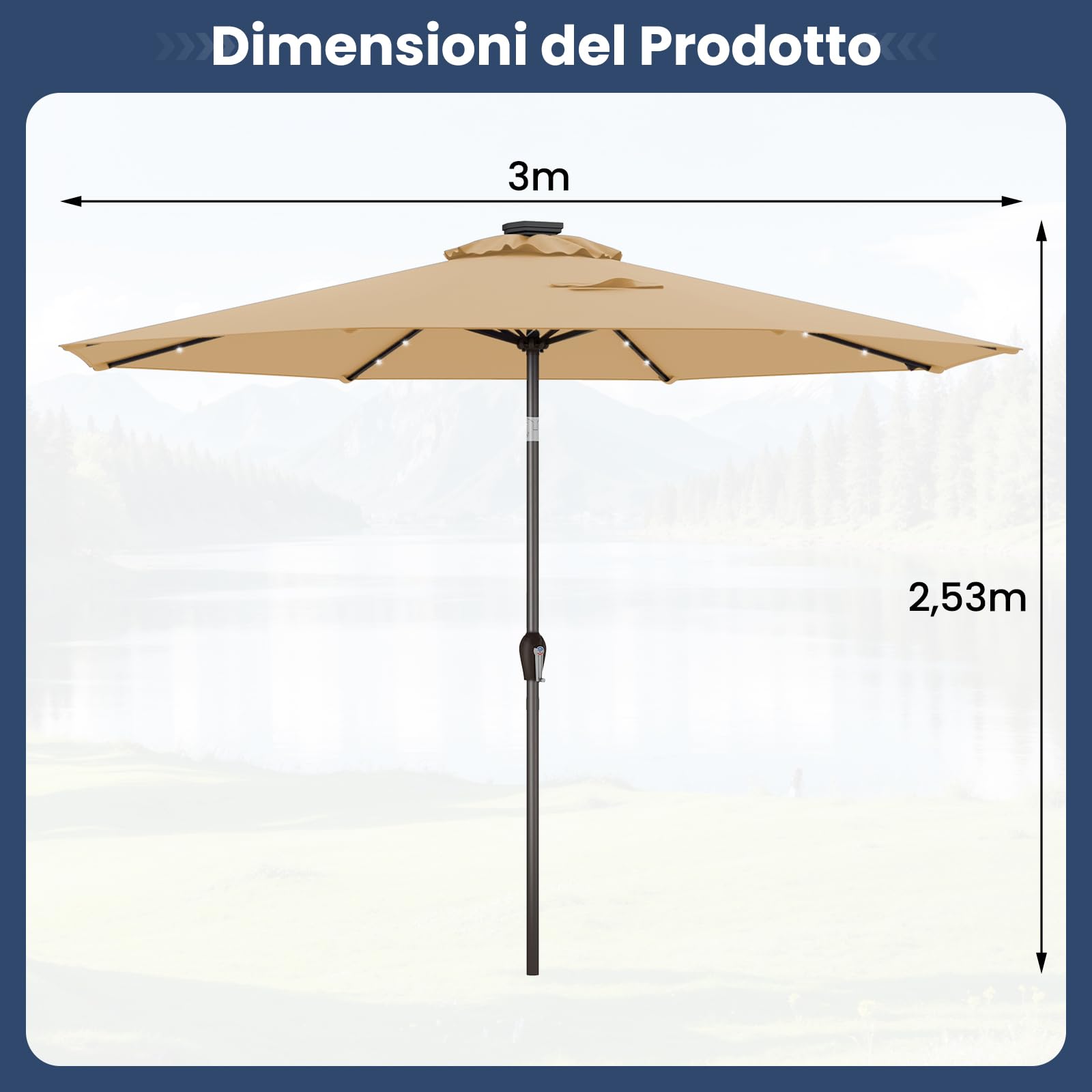 GYMAX Ombrellone da Giardino 3x3 M, con Luci LED Solare, Ombrello Inclinabile Regolabile, da Terrazzo Patio Spiaggia