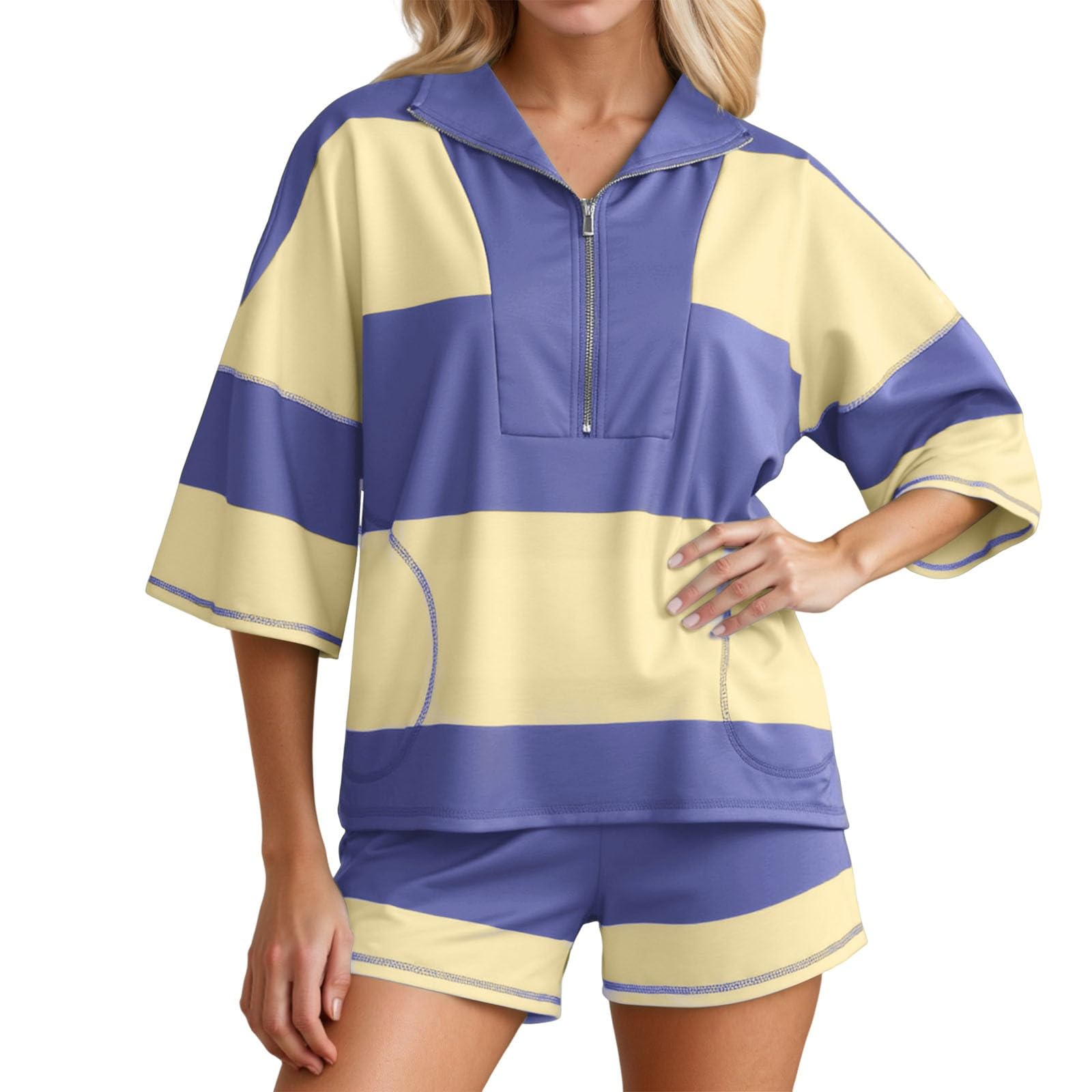 Generisch Survêtement d'été 2 pièces pour femme - Court - Couleur unie - Tenue de détente - Ensemble de vacances - Élégant et décontracté - Survêtement léger à manches courtes et short avec poches