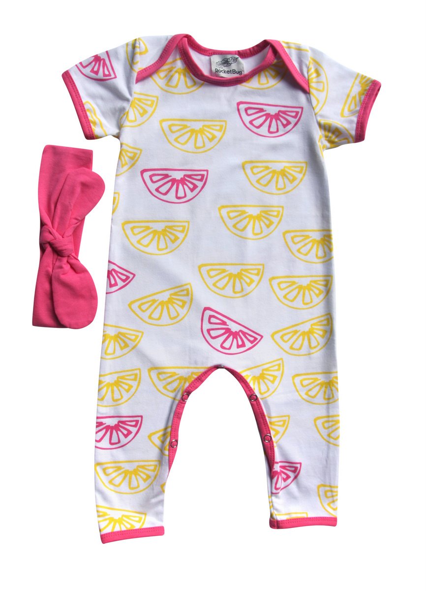 Girls Baby Romper with Matching Headband (0-3 months (XS), Lemons)