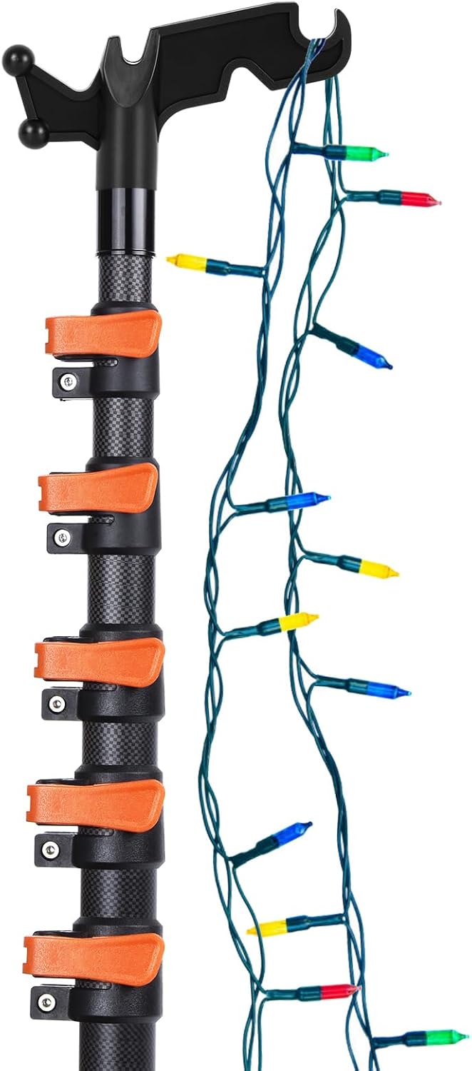 Carbon Fiber Christmas Light Pole Hanger Tool, Extendable 4.7-24 FT High Reach Telescoping Pole with Hook for Roof, Gutter, Tree, Holiday Light Decor, Indoor Outdoor Use with Utility Hooks 24 feet