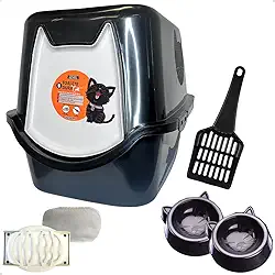 Caixa de areia para Gatos Toalete Black/Preto Duracats Banheiro Bandeja Sanitário Higiênico Facil Limpeza Confortável com Comedouros e Pá