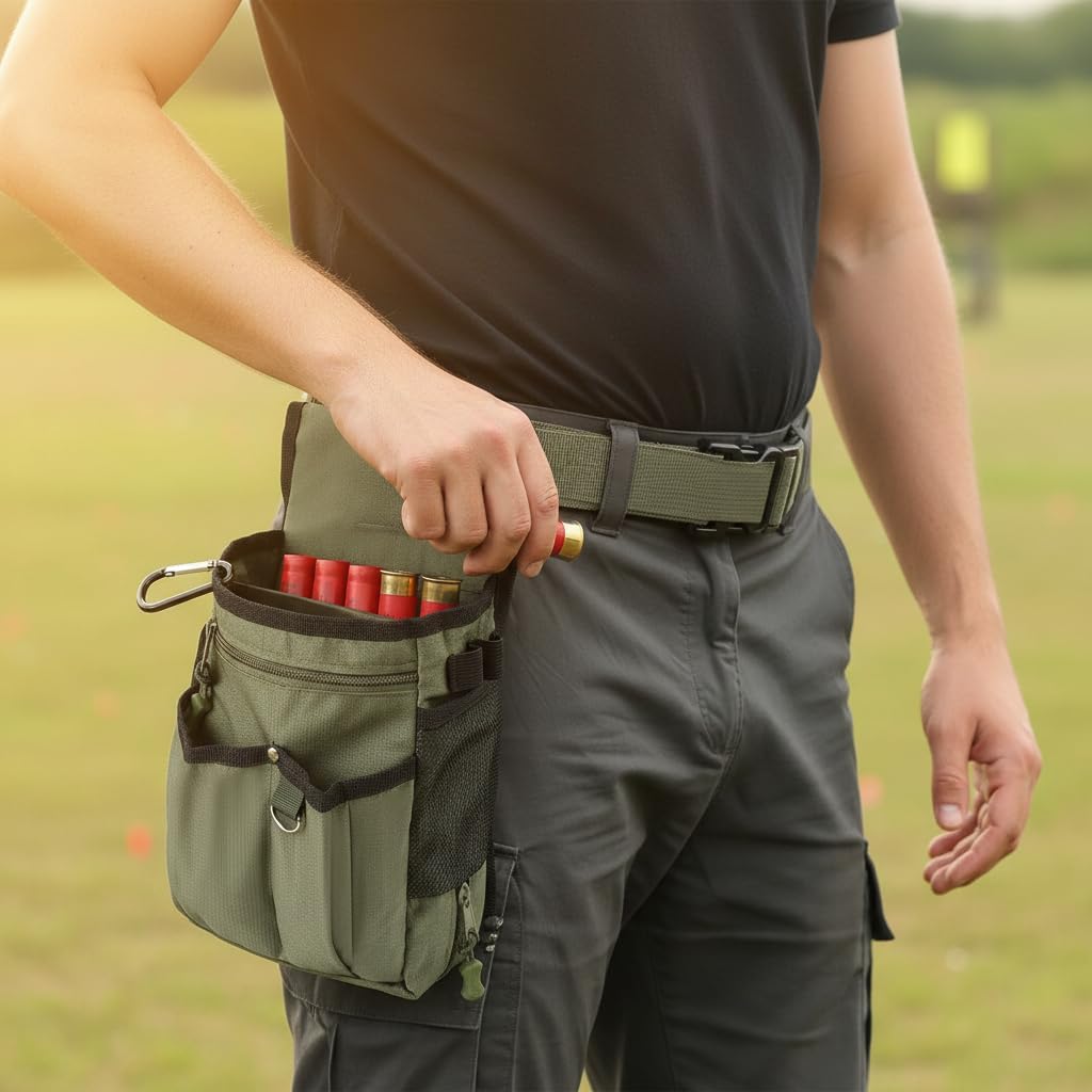 Shotgun Shell Bag - Ripstop Oxford Cloth with 57" Belt, Double Compartment Pouch for Hunting, Clay, Trap & Skeet Shooting (Green)