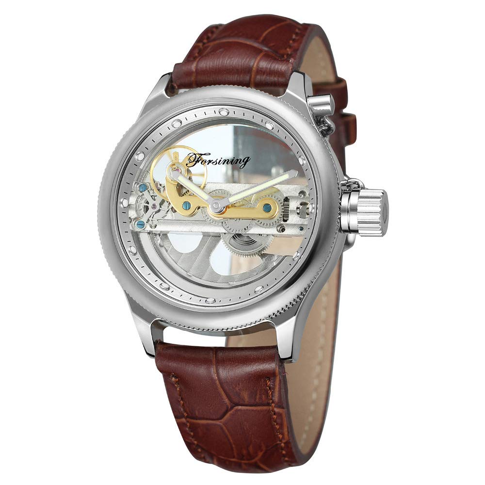 MASTOP Reloj de pulsera mecánico automático para hombre, de piel auténtica, con diseño de esqueleto transparente