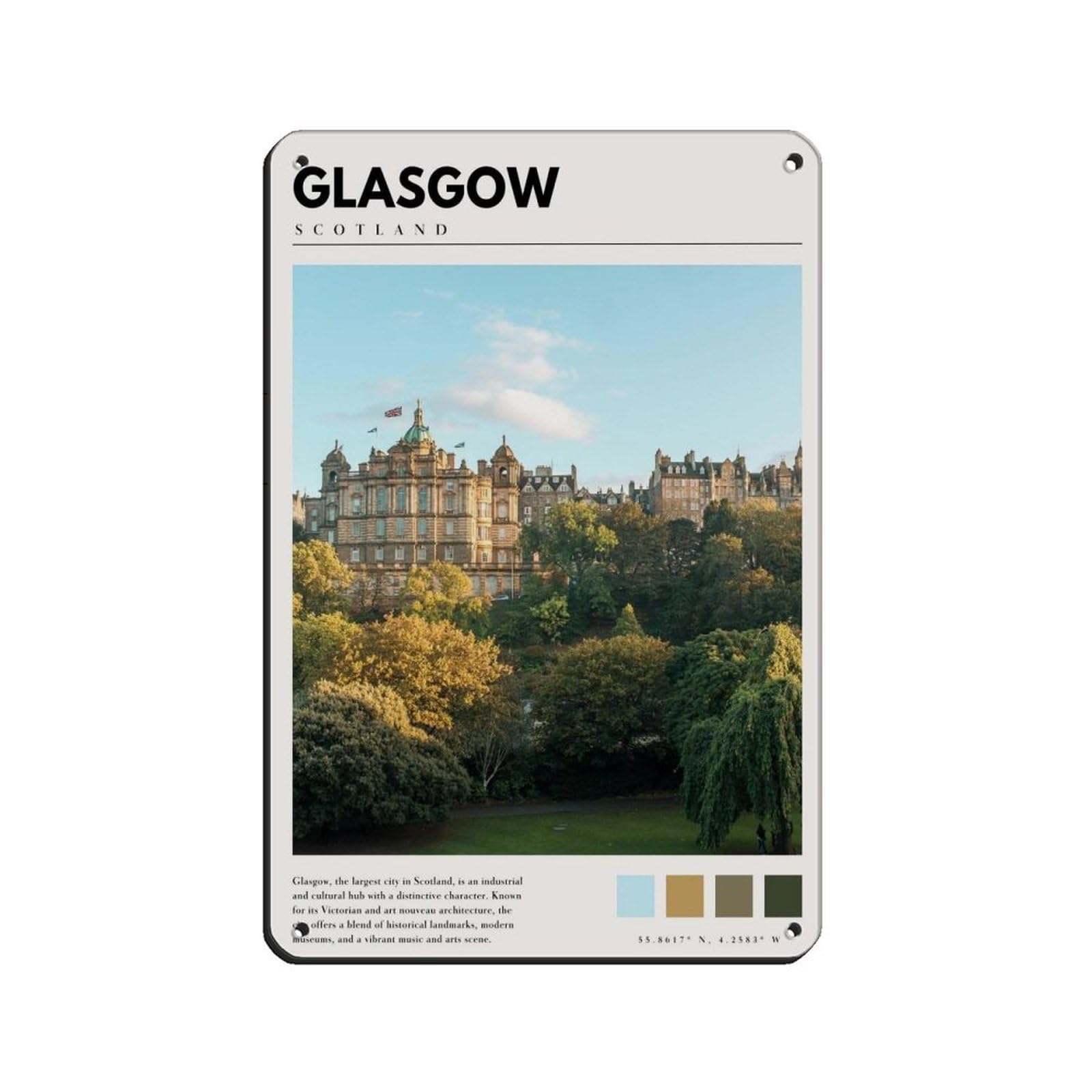 Lxwnze 20L X 30W Cm Glasgow Scotland Poster Scotland Art Retro Poster Metal Tin Sign Chic Art Retro Iron Painting Bar People Cave Cafe Family Garage Poster Wall Decoration 8X12inch(20X30cm)