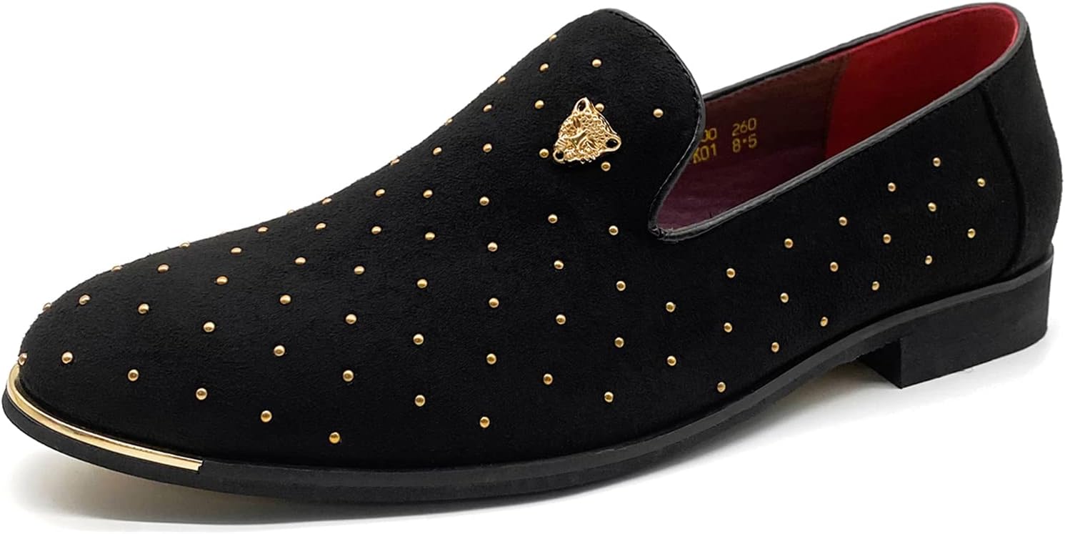 CMMMen's Pointed Toe Rivet Dress Shoes Glitter Modern Metallic Slip On Loafers Plus Size