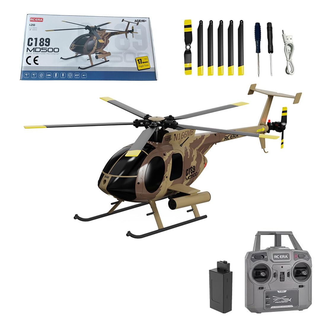 RC ERA MD500 C189 RC Helikopter mit 6-Achsen Gyro, 1/28 Little Bird Aircraft 2,4G 4CH Einrotor-Fernsteuerungs Hubschrauber, Start/Landung mit Einer Taste