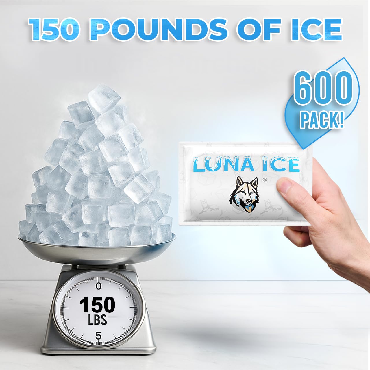 LUNA ICE Hielo Seco - Paquetes de hielo seco para envío, paquetes de hielo de larga duración, potencia de congelación de más de 24 horas, sin BPA, paquete de 600 unidades a granel de 150 libras, Hielo