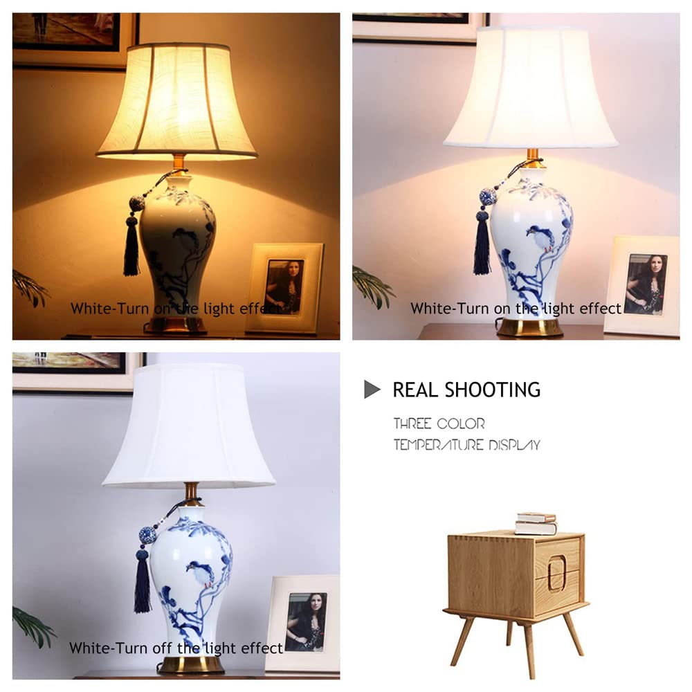 TAMYUSE Lámpara de Mesa de cerámica Jingdezhen Azul clásica, Pantalla de Campana de pájaro y Flores para luz de Tarro de Jengibre, lámpara de cerámica Oriental Grande, Regalo de bendición de la casa