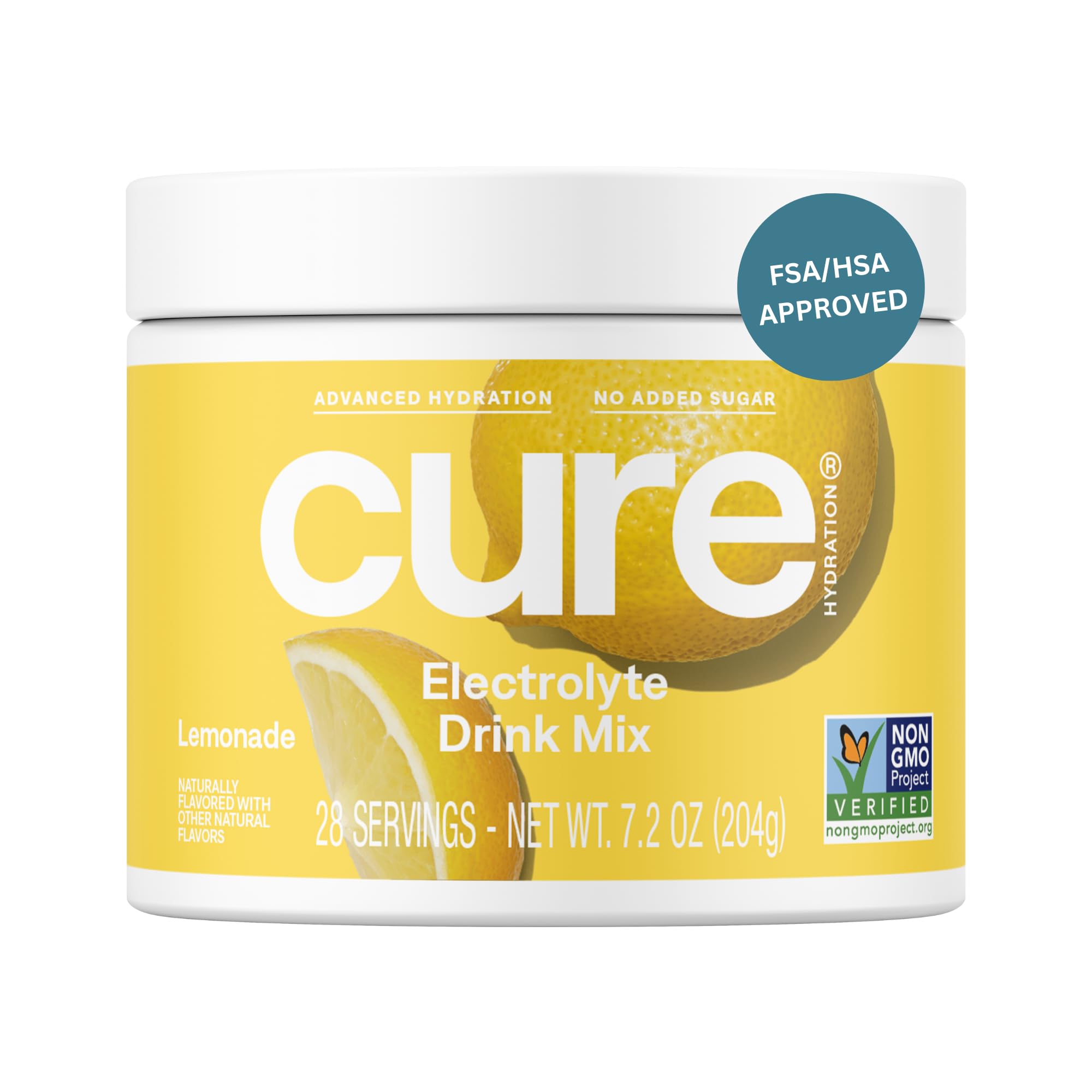 Cure Hydration | Plant-Based Electrolyte Drink Mix | No Added Sugar | FSA-HSA | Dehydration Relief Powder Made with Coconut Water | Non-GMO | Vegan | 28 Servings Jar - Lemonade