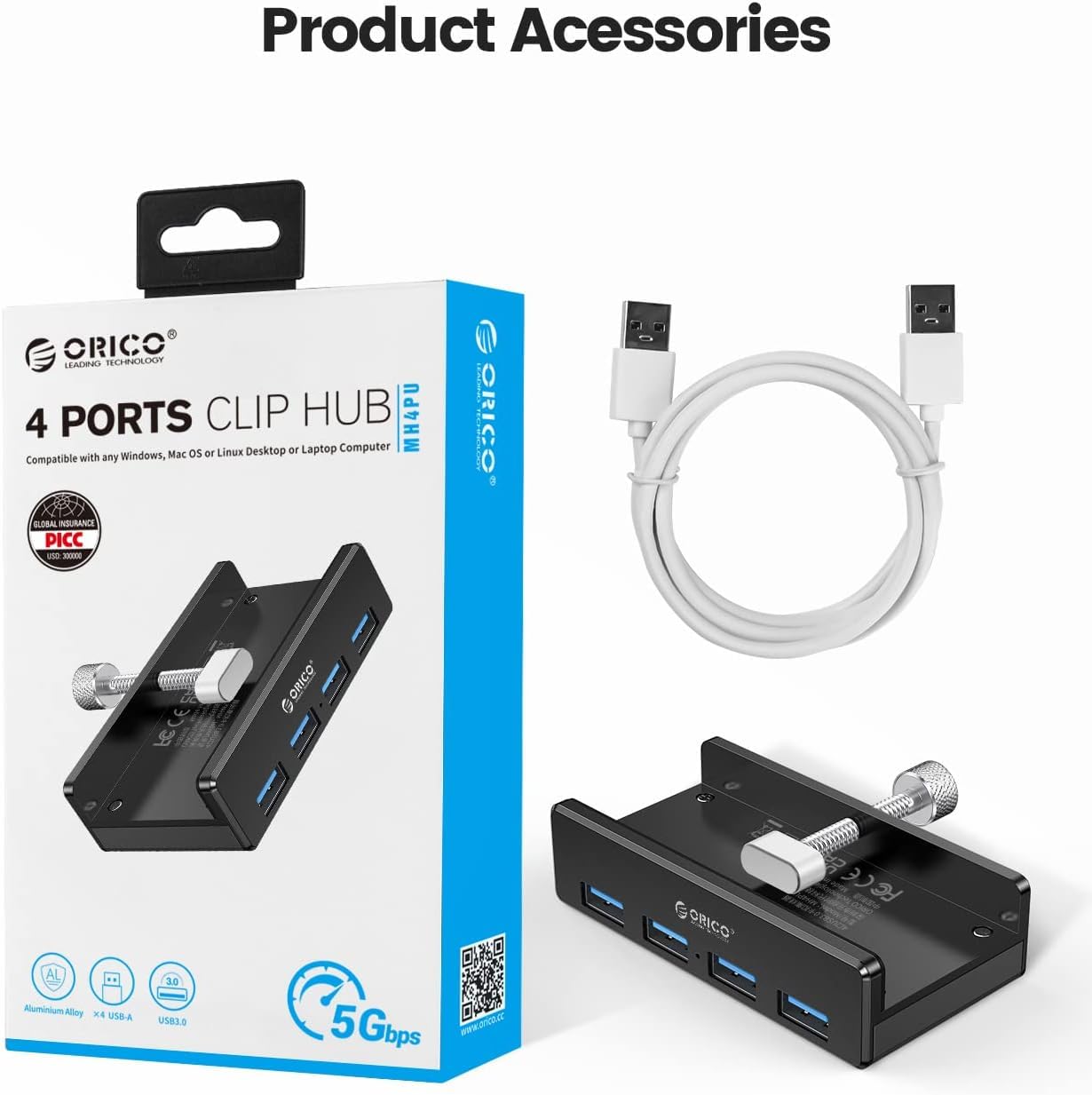 ORICO Hub USB 3.0, zacisk koncentratora USB, aluminiowy 4-portowy rozdzielacz USB z kablem do transmisji danych USB 4,92 FT, zasilany biurkiem koncentrator USB do monitorów/biurka, czarny (bez