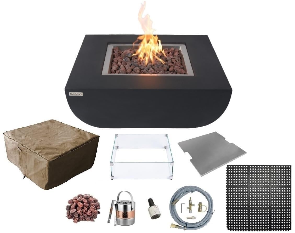 AMS Fireplace | Modeno Aurora Package | Black Natural Gas Fire Pit Table for Outside Patio Bundle with Wind Guard, and SS Burner Lid | Free Rubber Mat