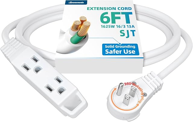 DEWENWILS 360° Rotating Flat Plug Extension Cord, 6FT Extension Cord Rotating Plug, 3 Prong 16/3C Grounded Flat Power Cable for Indoor Narrow Space, 13A/125V/1625W SJT-3, ETL Listed, White