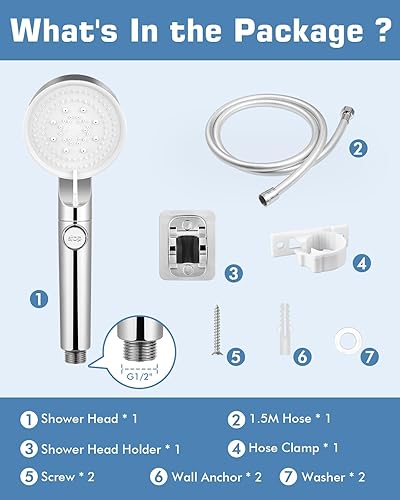Miniatura 7 de ELETHOR Juego de cabezal de ducha y manguera, 5 modos de pulverización, cabezal de ducha de mano con interruptor de encendidoapagado, manguera de